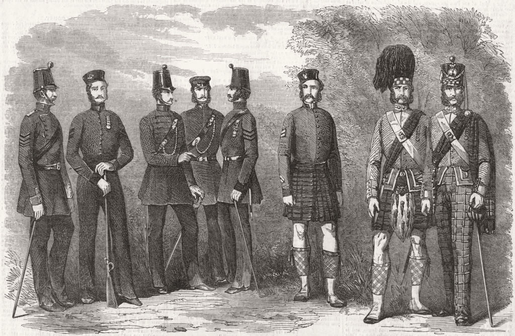 SCOTLAND. Costumes of rifles & Highlanders 1857 old antique print picture